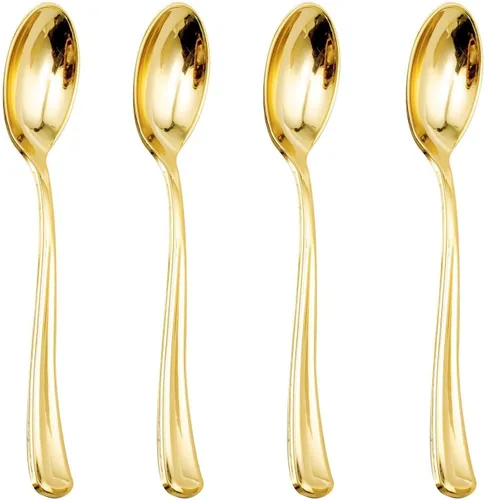 WDF Paquete de 100 cucharas de plástico doradas desechables, cucharas doradas duraderas y resistentes de 6.9 pulgadas, resistentes al calor,