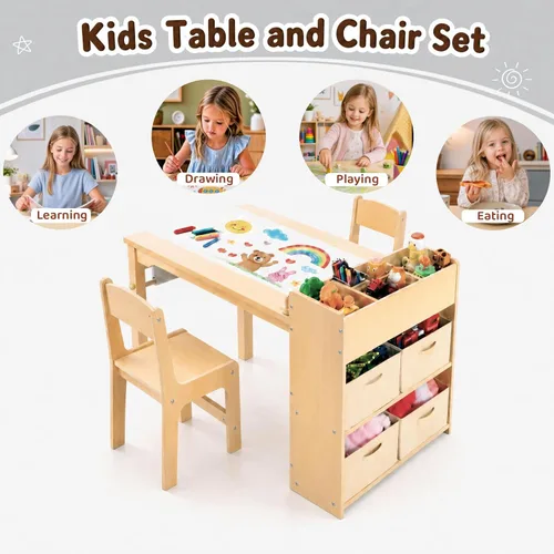 Miniatura 10 de Arlopu - Juego de mesa de arte para niños y 2 sillas, mesa de actividades de madera para niños de gran tamaño, escritorio de dibujo resistente