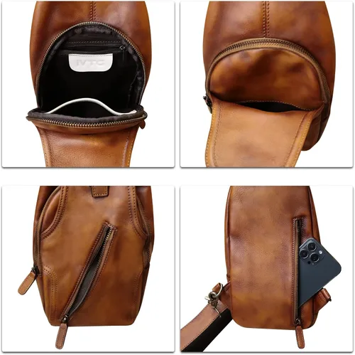 Miniatura 7 de Bolso bandolera de cuero genuino para mujeres y hombres, estilo vintage, de cuero real, a la moda, bandolera, Marrón