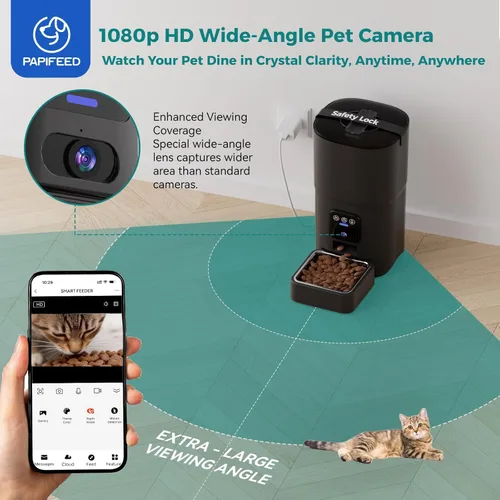 Miniatura 2 de PAPIFEED Comedero automático para gatos con cámara, 1080P HD y visión nocturna, dispensador de comida para gatos de 6 litros con aplicación