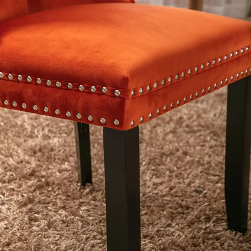 Miniatura 6 de Juego de 2 sillas de comedor de terciopelo, sillas decorativas tapizadas con botón acolchonado, ribete de cabeza de clavo y tirador de anillo Naranja