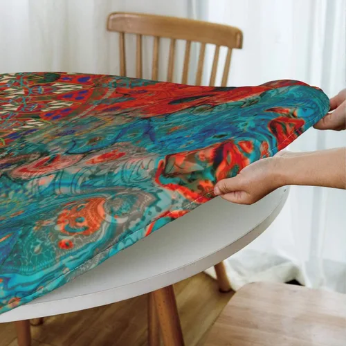 Miniatura 4 de Mantel elástico redondo con diseño de mandala azul y rojo con borde ajustable para mesa de 45 a 50 pulgadas de diámetro