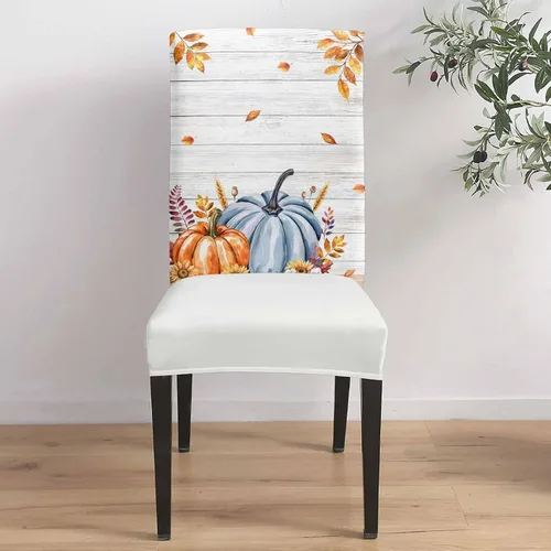 Miniatura 4 de Juego de 6 fundas elásticas para sillas de comedor con diseño de calabaza de Acción de Gracias, juego de 6 hojas de otoño, color azul, grano