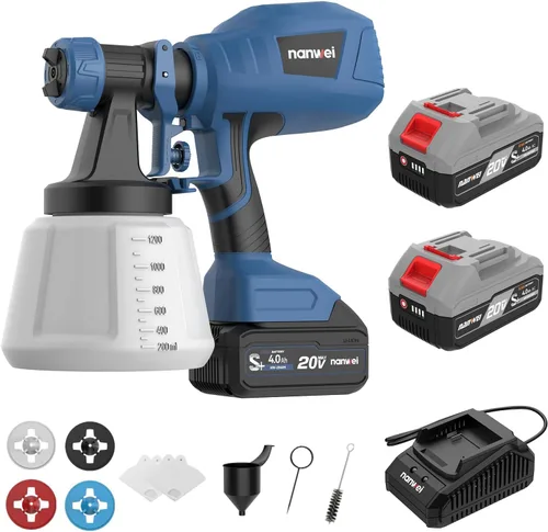 NANWEI Pulverizador de pintura inalámbrico con 2 baterías, pistola de pulverización HVLP con recipiente de 40.6 fl oz, con 4 boquillas y 3 patrones,
