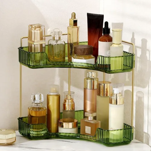 Miniatura 15 de Organizador de esquina para encimera de baño, estante de baño, organizador de maquillaje para tocador, bandeja de perfume para almacenamiento en Azul
