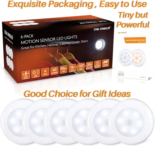 Miniatura 6 de STAR-SPANGLED Paquete de 6 luces con sensor de movimiento de 2.8 pulgadas para interiores, funciona con pilas AAA, luz LED para pegar en escaleras