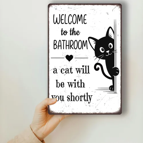 Miniatura 4 de Divertida decoración de baño – Welcome to the Bathroom A Cat Will Be With You Shortly – Cartel de metal de gato negro para baño, inodoro o tocador