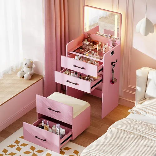 Miniatura 15 de Escritorio de tocador 3 en 1 con espejo abatible y luces, mesa de tocador de maquillaje con parte superior de vidrio con estación de carga, tocador