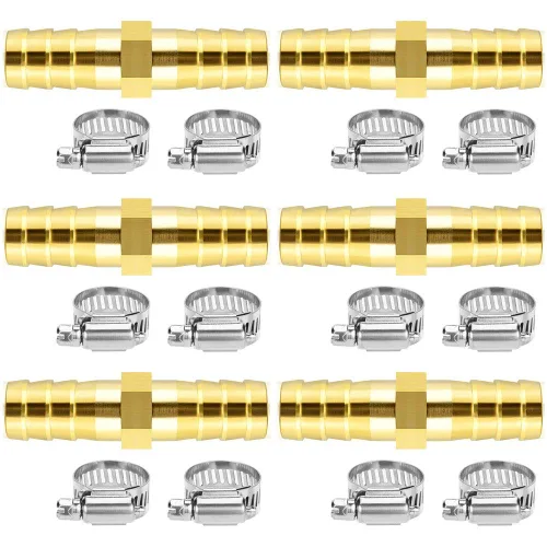 Miniatura 18 de Da by 3 unids 1/2" (12.5mm) Barb Splicer Mender Hose Latón Barb Fitting con 6 abrazaderas de tubo de acero inoxidable para agua/combustible/aire