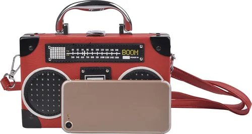Miniatura 5 de QZUnique Bolso de hombro en forma de cinta con grabador de radio PU Crossbody bolso de noche retro para mujer, bolso de mano
