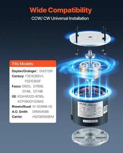 Miniatura 6 de VEVOR Motor de ventilador de condensador con condensador, 1/3HP 1075RPM 208-230V, compatible con GE Genteq K55HXGDD-81195 5KCP39GGY209AS, Fasco D925