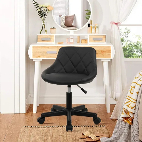 Miniatura 9 de KLASIKA Black Low Back Rolling Stool PU Leather Vanity Stools, Adjustable Height Ergonomic Swivel Rolling Desk Stool Work Office Swivel Chair