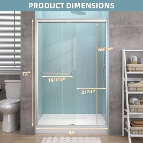 Miniatura 9 de GETPRO Puerta de ducha corrediza de 44-48 pulgadas de ancho x 72 pulgadas de alto, puertas correderas dobles sin marco para ducha, puerta de vidrio