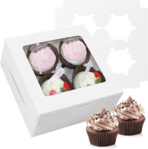 Miniatura 11 de Juego de 10 cajas para cupcakes a granel con ventana transparente para 4 cupcakes estándar, contenedor desechable de grado alimenticio rojo