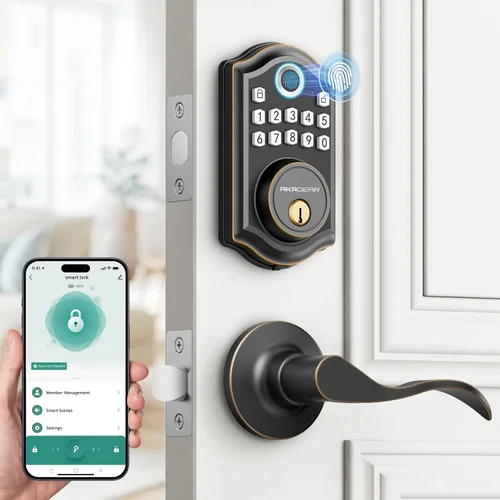 AkaGear DS10 Pro - Cerradura de puerta de entrada sin llave con asa, 2 manijas de palanca, control de aplicación Bluetooth, cerraduras de puerta de