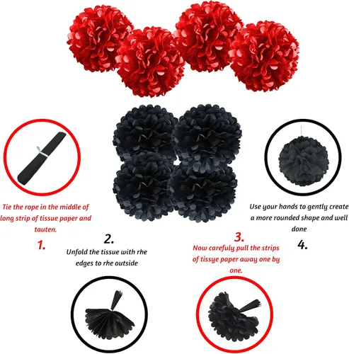 Miniatura 3 de ZERODECO Decoraciones de cumpleaños, decoraciones de fiesta en negro y rojo con pancarta de feliz cumpleaños, pompones, globos para niños, niñas