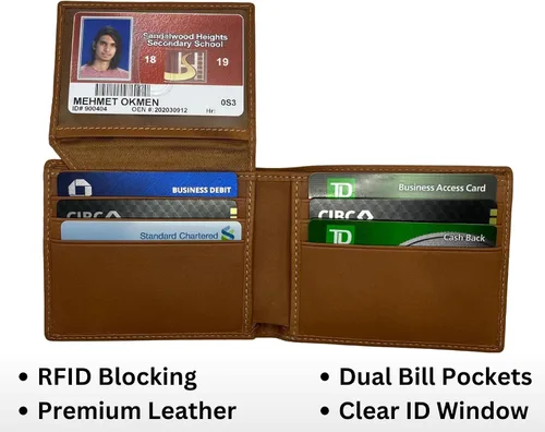 Miniatura 2 de Billetera plegable personalizada de piel auténtica para hombre, con bloqueo RFID, con ventana de identificación, tarjetero de cuero genuino