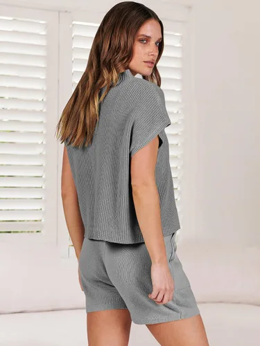 Miniatura 4 de ANRABESS Conjunto de dos piezas para mujer, suéter corto, suéter y pantalones cortos, conjunto de ropa de descanso