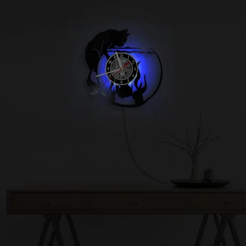 Miniatura 7 de The Geeky Days Reloj de pared con iluminación LED de gato negro con pecera, lámpara de noche para guardería, habitación de niños, gatito juguetón