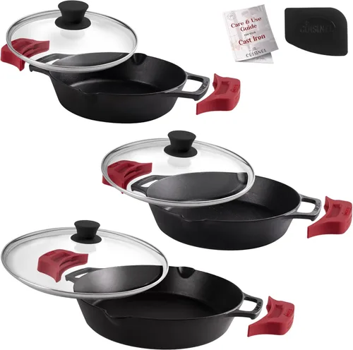 Miniatura 17 de Cuisinel Juego de sartenes de hierro fundido, sartén de 8 pulgadas + 12 pulgadas + tapas de vidrio, utensilios de cocina pre-sazonados, soportes