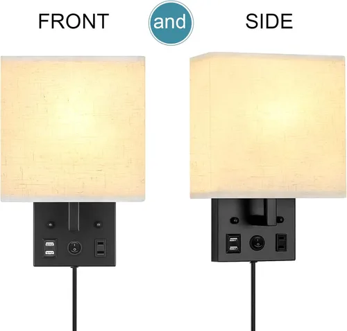 Miniatura 4 de Juego de 2 apliques de pared negros para dormitorio, aplique de pared enchufable con puertos USB y tomas, lámpara de pared moderna para espejo