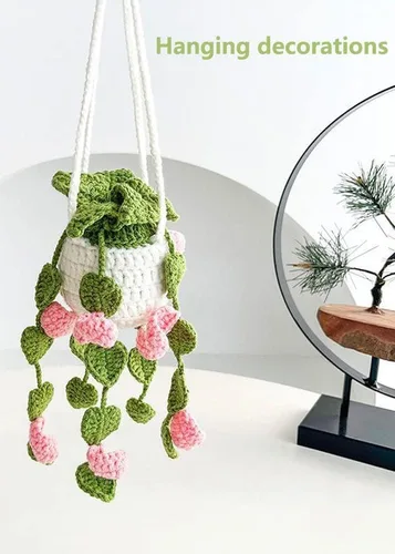 Miniatura 2 de Planta colgante de ganchillo para automóvil, colgador de espejo de automóvil de punto, cesta colgante de ganchillo para plantas de automóvil, lindos
