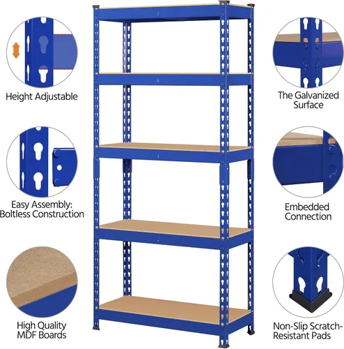 Miniatura 4 de Topeakmart Estantes utilitarios de 5 niveles, estantes de almacenamiento de metal, estanterías ajustables, montaje sin tornillos, estantes de Azul