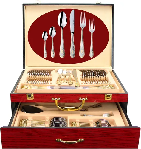 Miniatura 12 de Juego de cubiertos de lujo de 75 piezas para 12 con estuche de almacenamiento de madera, servicio de cubiertos de comedor de alta calidad, cubiertos