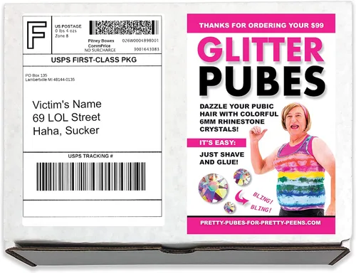 Bromas para adultos Caja vergonzosa Mordaza Correo postal Glitter Pubes Dazzle Pubic Hair se envía directamente a su víctima 100% anónimamente!