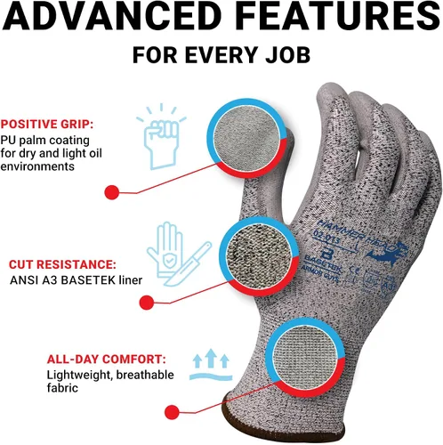 Miniatura 3 de Armor Guys Hammer Head 3 Basetek - Guantes de trabajo protectores para mujeres y hombres con forro de HDPE A3 Basetek - L, 3/par 3 pares (Large)