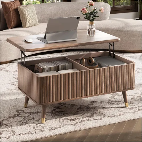 Miniatura 25 de SULIVES Mesa auxiliar ovalada con almacenamiento, mesa de centro multifuncional con tambor elevable, pequeña mesa central acanalada para sala