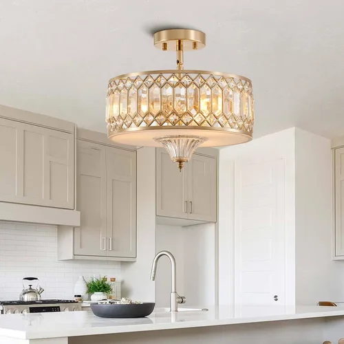 Miniatura 9 de Gold Crystal Ceiling Light Fixture for Hallway Foyer Bedroom Kitchen Island, 13" Modern Drum Round Close to Ceiling Light Fixture, 3-Light, Brushed