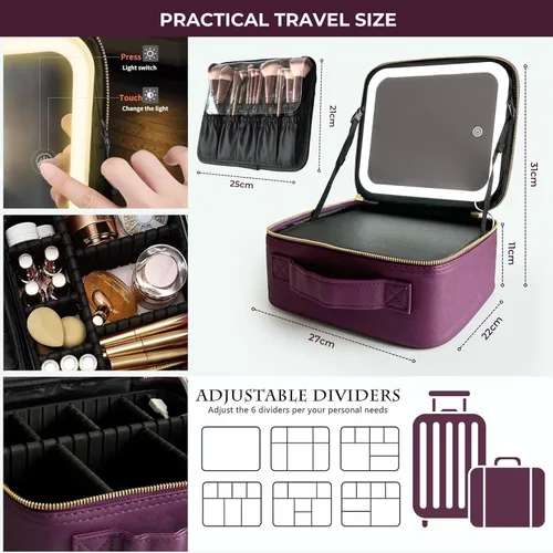 Miniatura 5 de ZEVGANI Bolsa de maquillaje de viaje con estuche de cosméticos de luz LED, estuche de maquillaje portátil con espejo iluminado, bolsa organizadora
