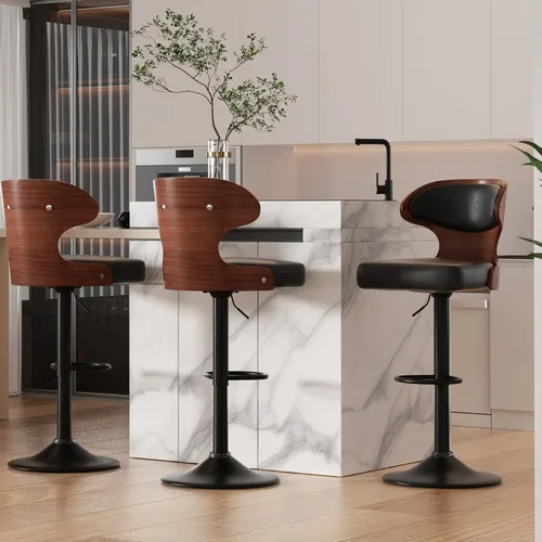 Miniatura 22 de Nalupatio Juego de 1 taburete de bar con altura ajustable de 24.5 a 33.5 pulgadas, taburetes de bar giratorios de madera curvada con respaldo