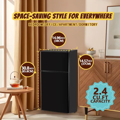 Miniatura 6 de Mini refrigerador con congelador, refrigerador pequeño de doble puerta, refrigerador de dormitorio para soltero, con estantes extraíbles para Negro