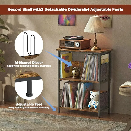Miniatura 5 de Soporte para tocadiscos, soporte para discos de vinilo de 3 niveles, soporte giratorio con 2 separadores y 4 pies ajustables, mesa para tocadiscos