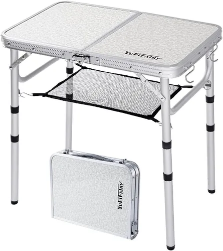 YUFIFAIRY Mesa de campamento plegable pequeña, mesa portátil de 2 pies con 3 alturas ajustables, mesa de picnic plegable ligera de aluminio con capa