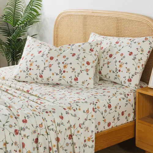 Miniatura 48 de Zusbest Juego de sábanas florales de 100 % algodón percal, color naranja y amarillo, juego de sábanas suaves y transpirables con diseño botánico