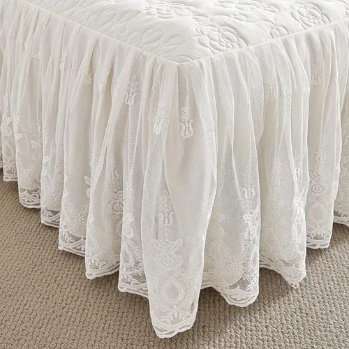 Miniatura 5 de Colcha acolchada de algodón brocado con patrón de flores, falda de cama con volantes, tamaño Queen, beige