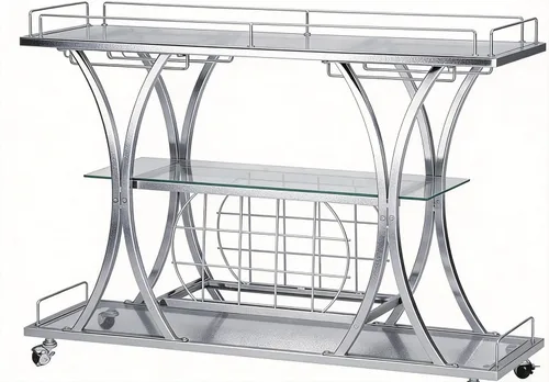 Miniatura 6 de Carritos de barra plateados con soportes de vidrio y estante para vino, carritos de servicio de bar casero de 3 niveles con estantes de vidrio