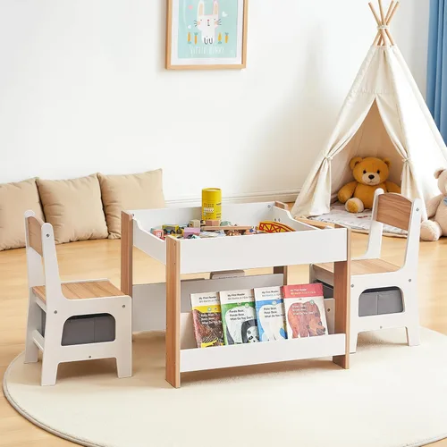 Miniatura 7 de LuxenHome - Juego de mesa y sillas para niños pequeños con mesa reversible, juego de mesa de actividades multifuncional para niños y sillas