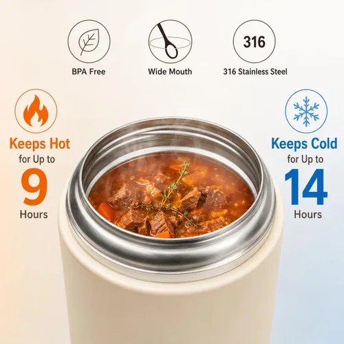 Miniatura 3 de Termo para alimentos y bebidas calientes, lonchera térmica, contenedor de alimentos aislado al vacío de 17 onzas con cuchara y bolsa con cordón