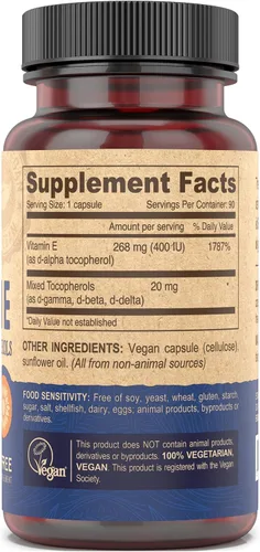 Miniatura 3 de DEVA Vitamina E vegana de fuente natural 400IU con tocoferoles mixtos, sin soja, 90 cápsulas vegetales (paquete de 2)
