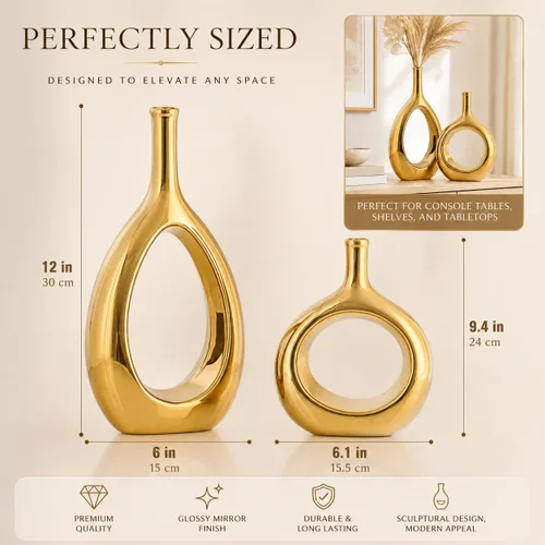 Miniatura 2 de Juego de 2 jarrones de cerámica dorados brillantes, jarrón moderno hueco circular con agujero para decoración del hogar, para centros de mesa, Oro
