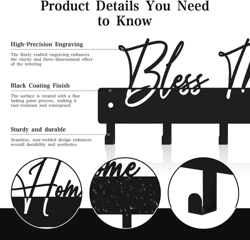 Miniatura 5 de Exquisito soporte de pared con frase de moda, ganchos para llaves Bless My Home para decoración de pared, colgador de llaves de metal negro con 7