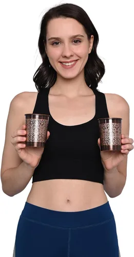 Miniatura 7 de Juego de 2 vasos de cobre, diseño floral, 8.5 fl oz (8.45 onzas líquidas) de capacidad para beneficios para la salud del ayurveda (recto)