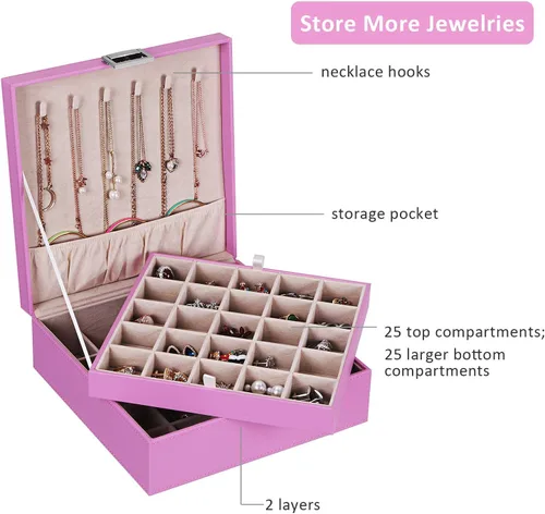Miniatura 4 de BEWISHOME Soporte organizador de aretes para niñas, funda de 50 ranuras, 6 ganchos para collares, 2 bandejas apilables, caja de joyería rosa