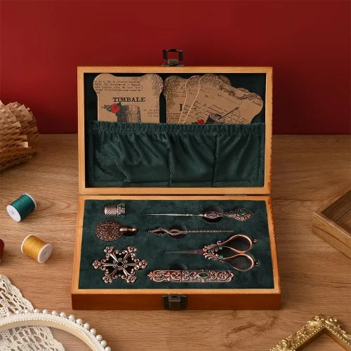 Miniatura 5 de NOTIONSLAND Juego de tijeras de bordado, suministros vintage, estuche de aguja, punzón de costura, dedal, tablero de hilo dental para costura, cobre