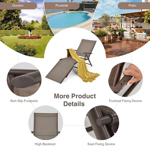 Miniatura 8 de Giantex Sillón de patio plegable, tumbona para tomar el sol al aire libre con respaldo de 5 posiciones, reposapiés de 2 posiciones, marco de acero