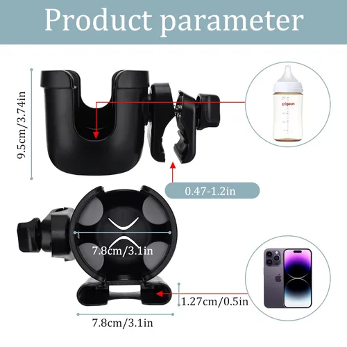 Miniatura 2 de Suranew - Portavasos universal para cochecito, portabebidas ajustable con soporte para teléfono para cochecito de bebé, silla de ruedas, andador